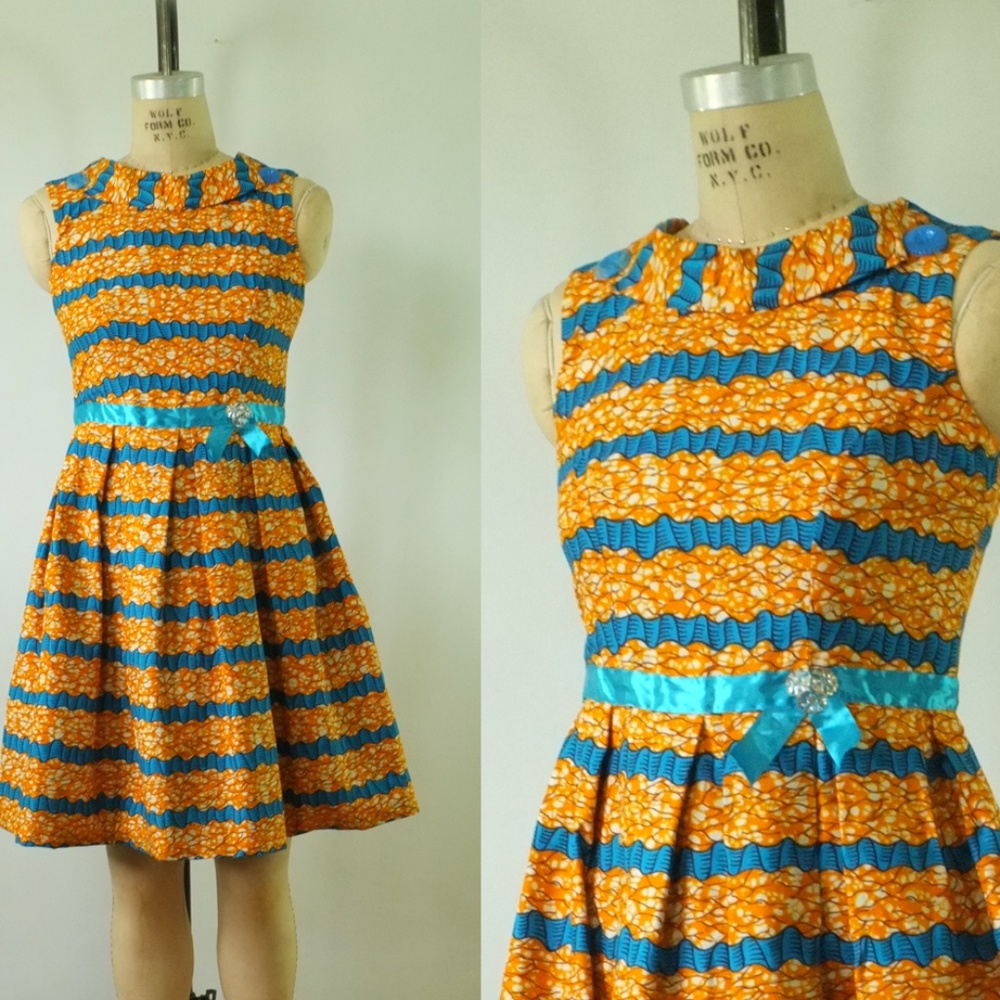 vintage 1960s party dress | orange + blue dress